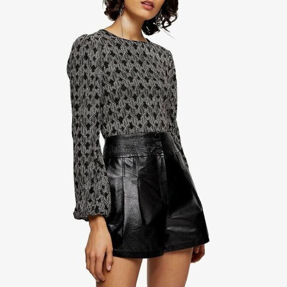 Topshop Women Black Lurex Zigzag Party Balloon Sleeve Cropped Blouse Size US 8 - Picture 1 of 4
